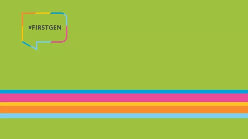 Green Zoom background with colored stripes at bottom and UC first gen logo top left