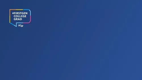 Dark blue Zoom background with UC first gen logo at top left