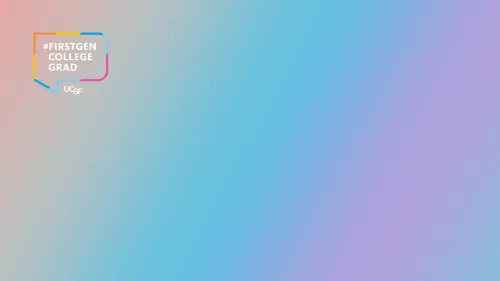 Purple and blue gradient Zoom background with UC first gen logo at top left